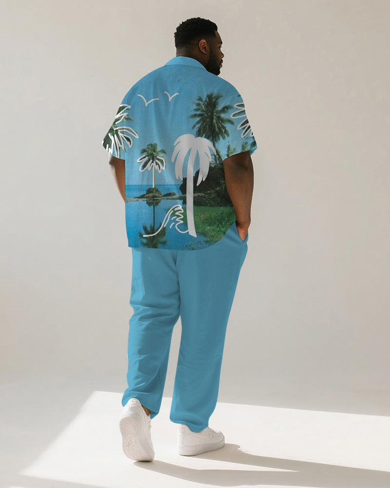 Big & Tall Blue Hawaiian Graphic T-Shirt Pants Set for big men view 4