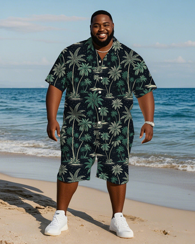Big & Tall Black Green Hawaiian T-Shirt Shorts Set for big men view 1