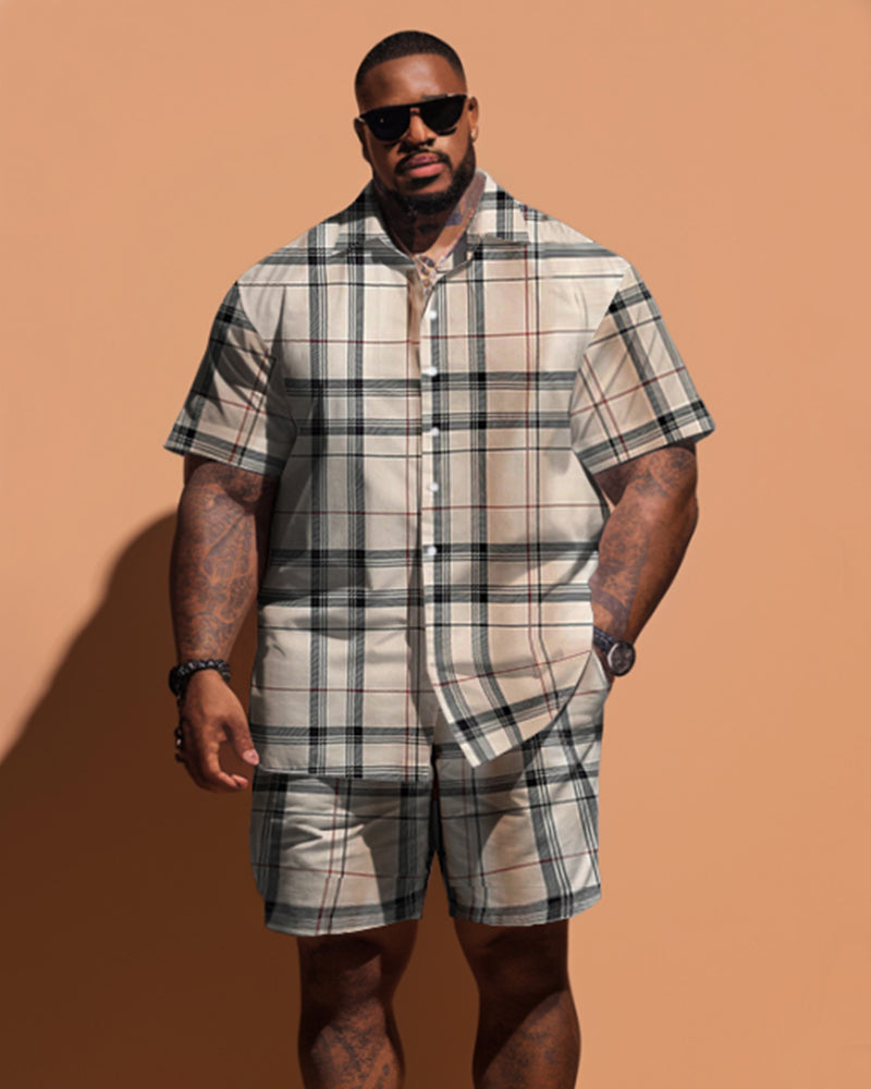 Big & Tall Khaki Plaid T-Shirt Shorts Set for big men view 1