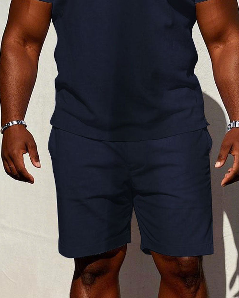 Big & Tall Blue Hawaiian Colorblock Polo Shorts Set for big men view 3