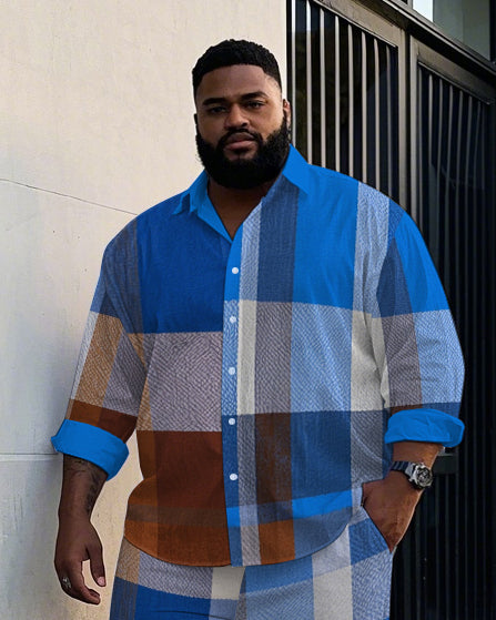 Big & Tall Blue Geometric Plaid T-Shirt Pants Set for big men view 2