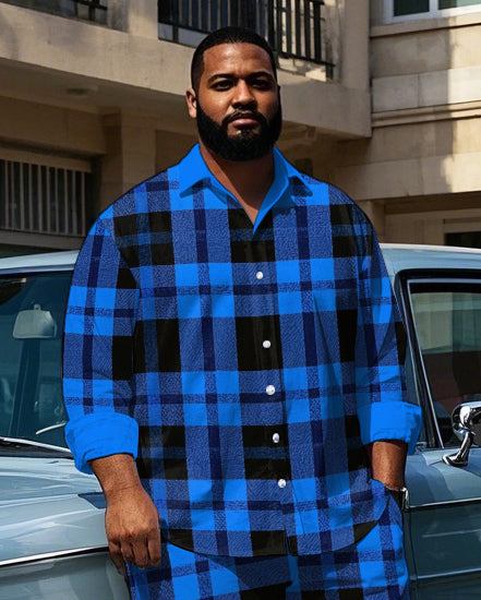 Big & Tall Black Blue Plaid T-Shirt Pants Set for big men view 2