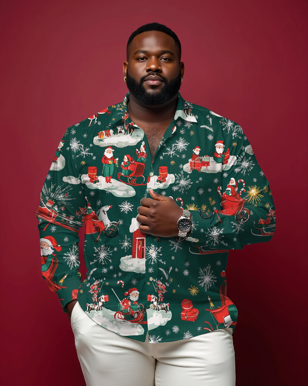 Big & Tall Green Hawaiian Tropical Long Sleeve Shirt for big men view 1