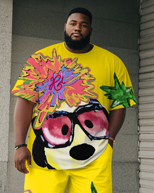 Big & Tall Yellow Graphic Graffiti T-Shirt Shorts Set for big men view 2