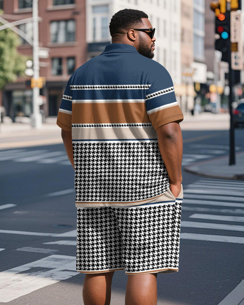 Big & Tall Blue Graphic Patchwork Polo Shorts Set for big men view 4