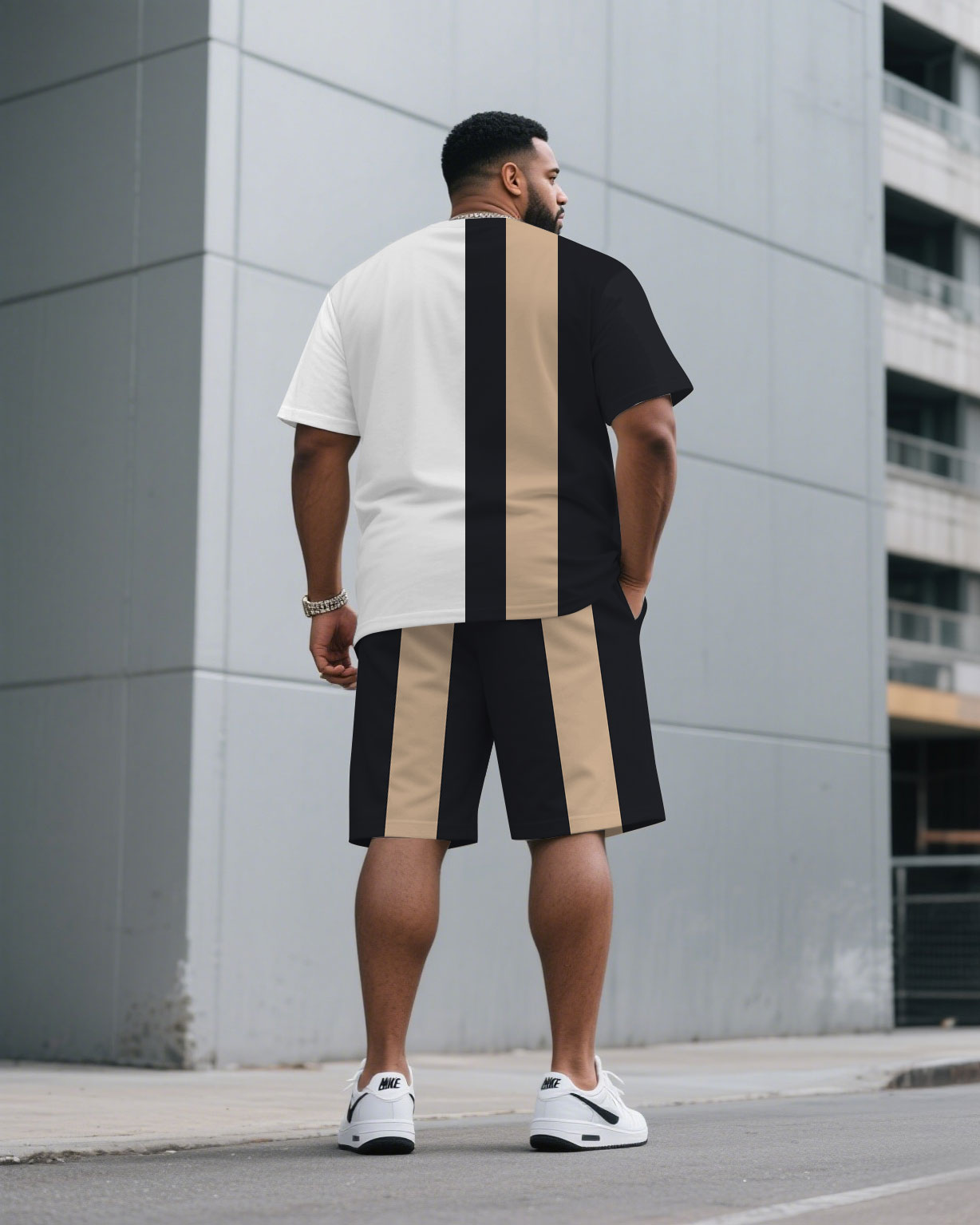 Big & Tall Black White Colorblock T-Shirt Shorts Set for big men view 4
