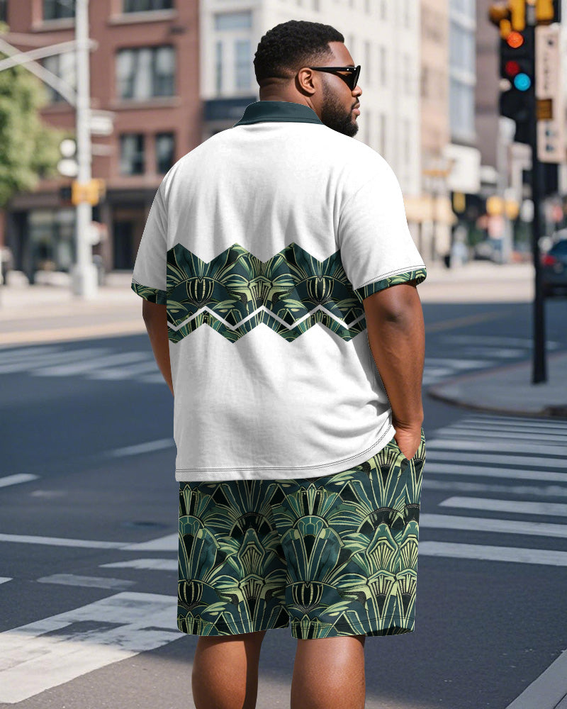 Big & Tall Green Colorblock Geometric Polo Shorts Set for big men view 5