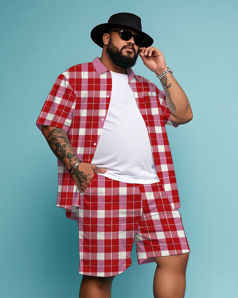 Big & Tall White Red Plaid T-Shirt Shorts Set for big men view 1