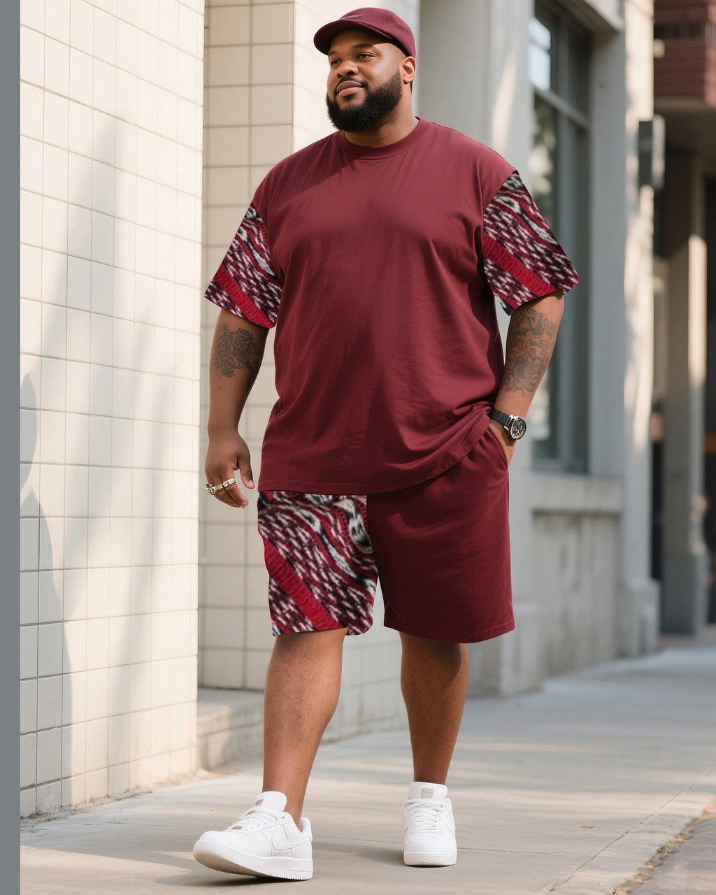 Big & Tall Red Striped Graphic T-Shirt Shorts Set for big men view 1