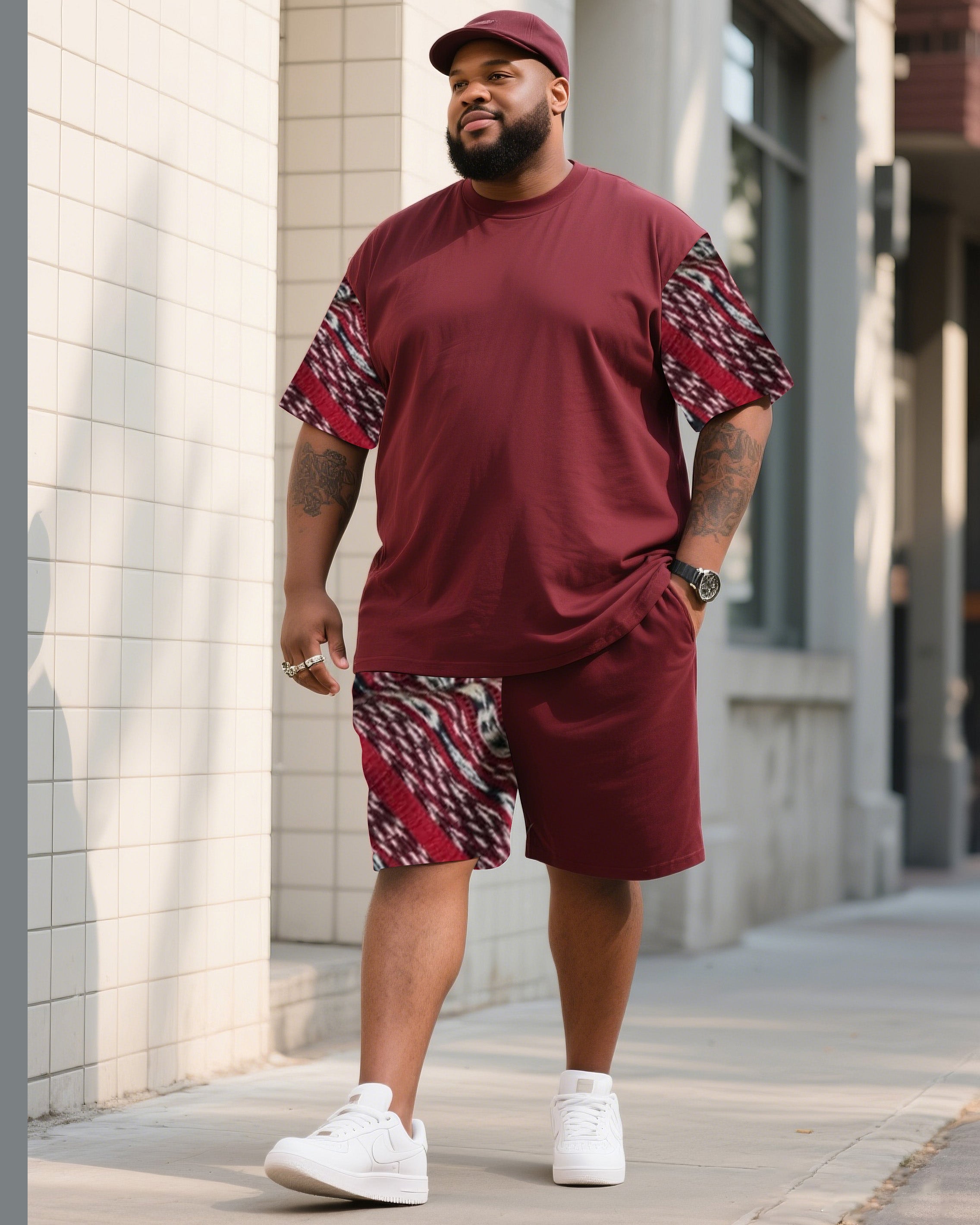 Big & Tall Red Striped Graphic T-Shirt Shorts Set for big men view 1