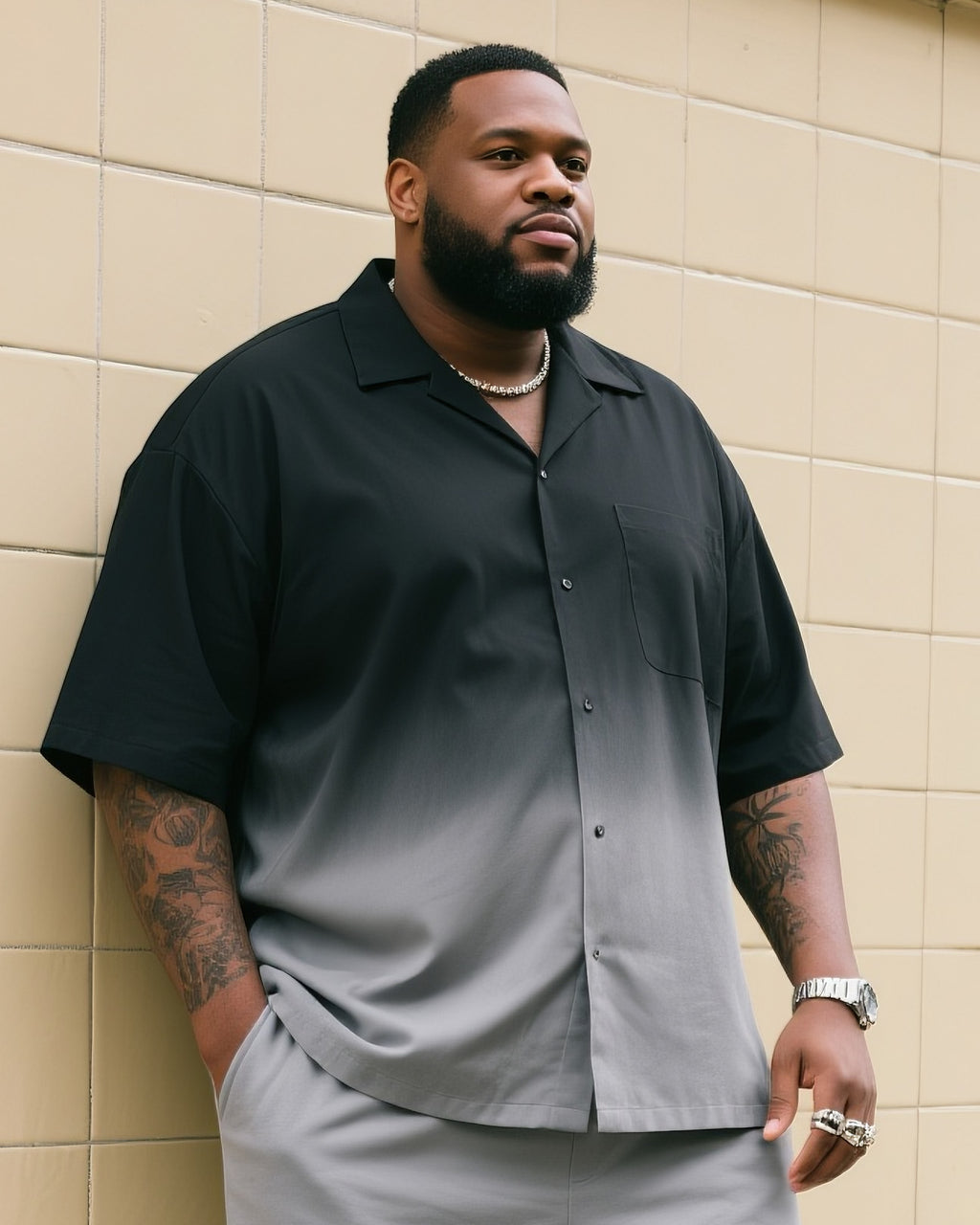 Big & Tall Black Gray Gradient T-Shirt Shorts Set for big men view 2