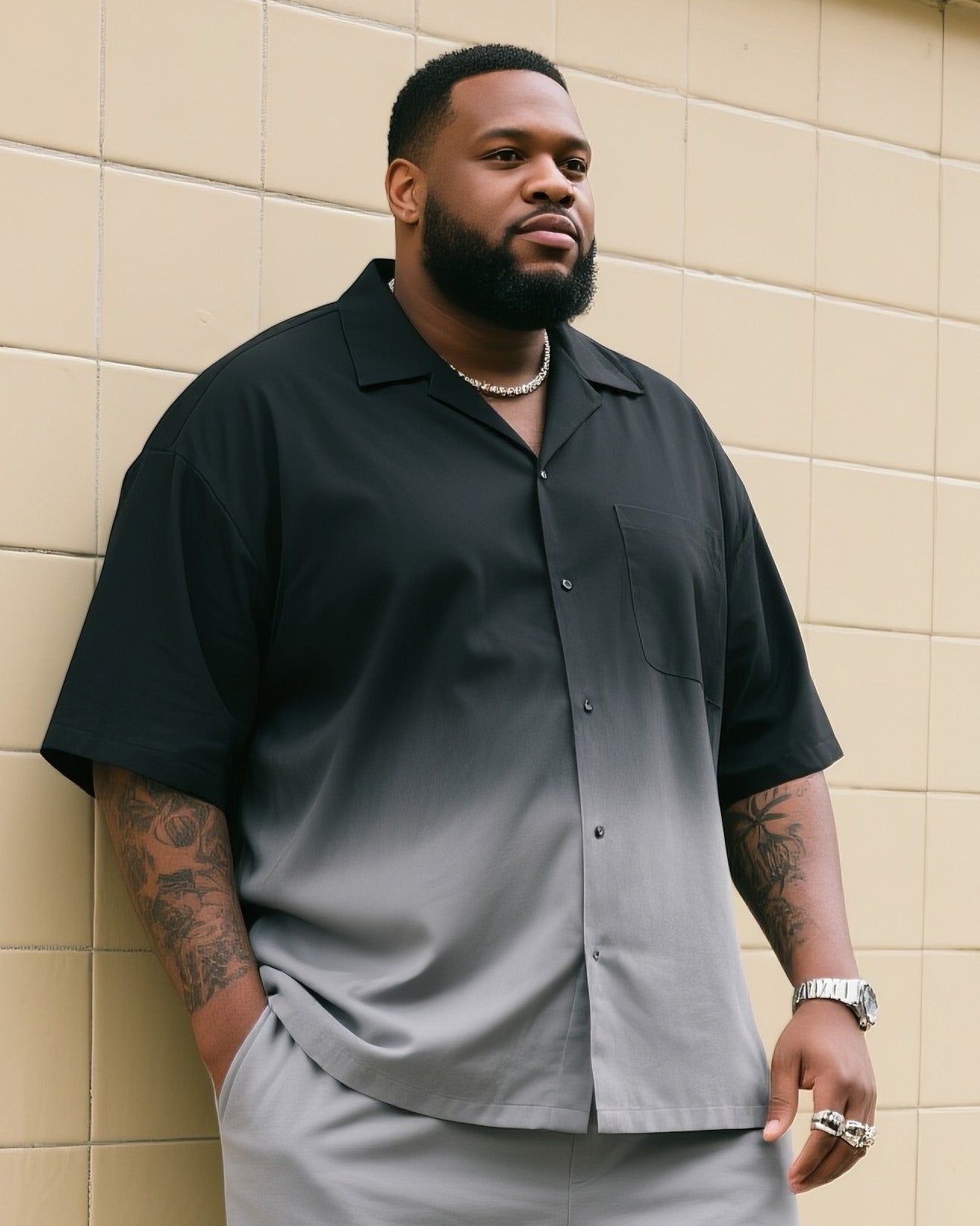 Big & Tall Black Gray Gradient T-Shirt Shorts Set for big men view 2