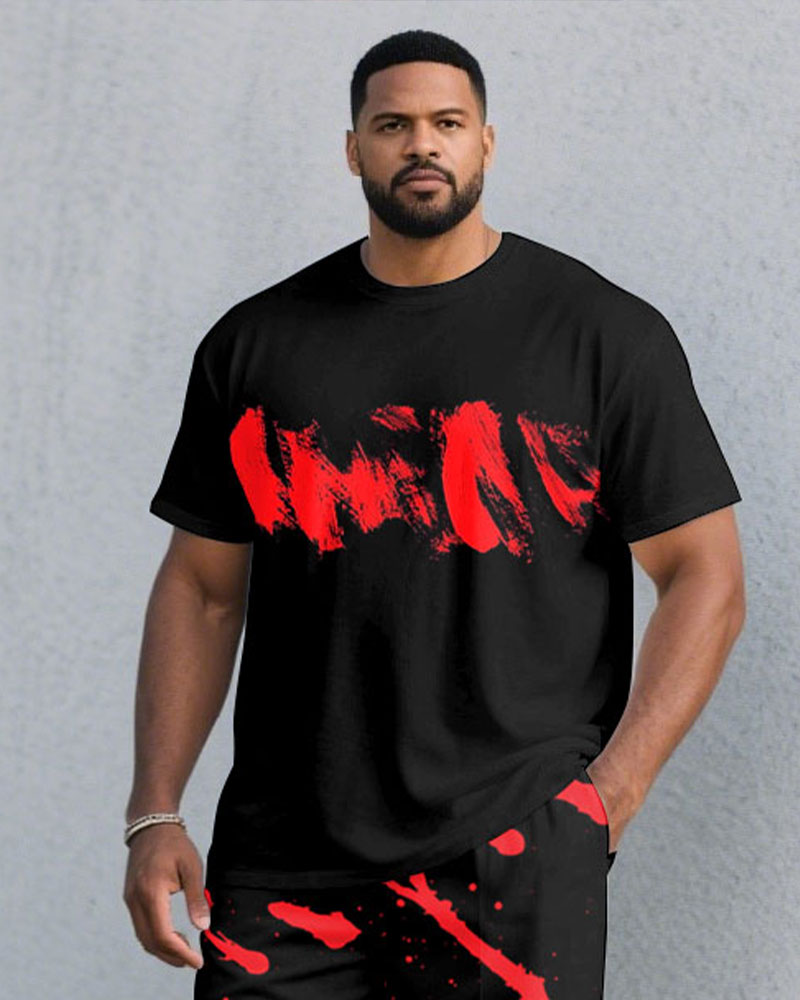 Big & Tall Black Red Splash Ink T-Shirt Pants Set for big men view 2