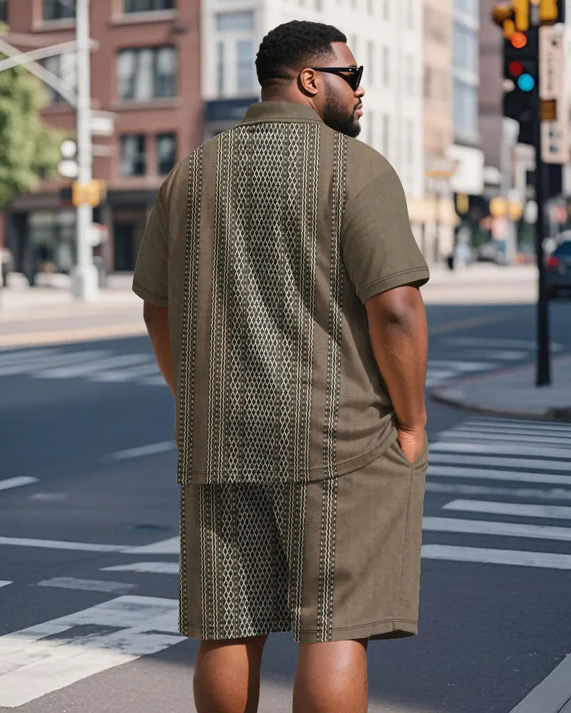 Big & Tall Brown Striped Graphic Polo Shorts Set for big men view 5