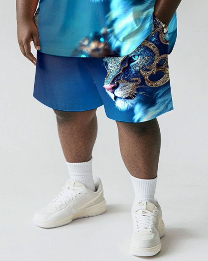 Big & Tall Blue Graphic Streetwear T-Shirt Shorts Set for big men view 3