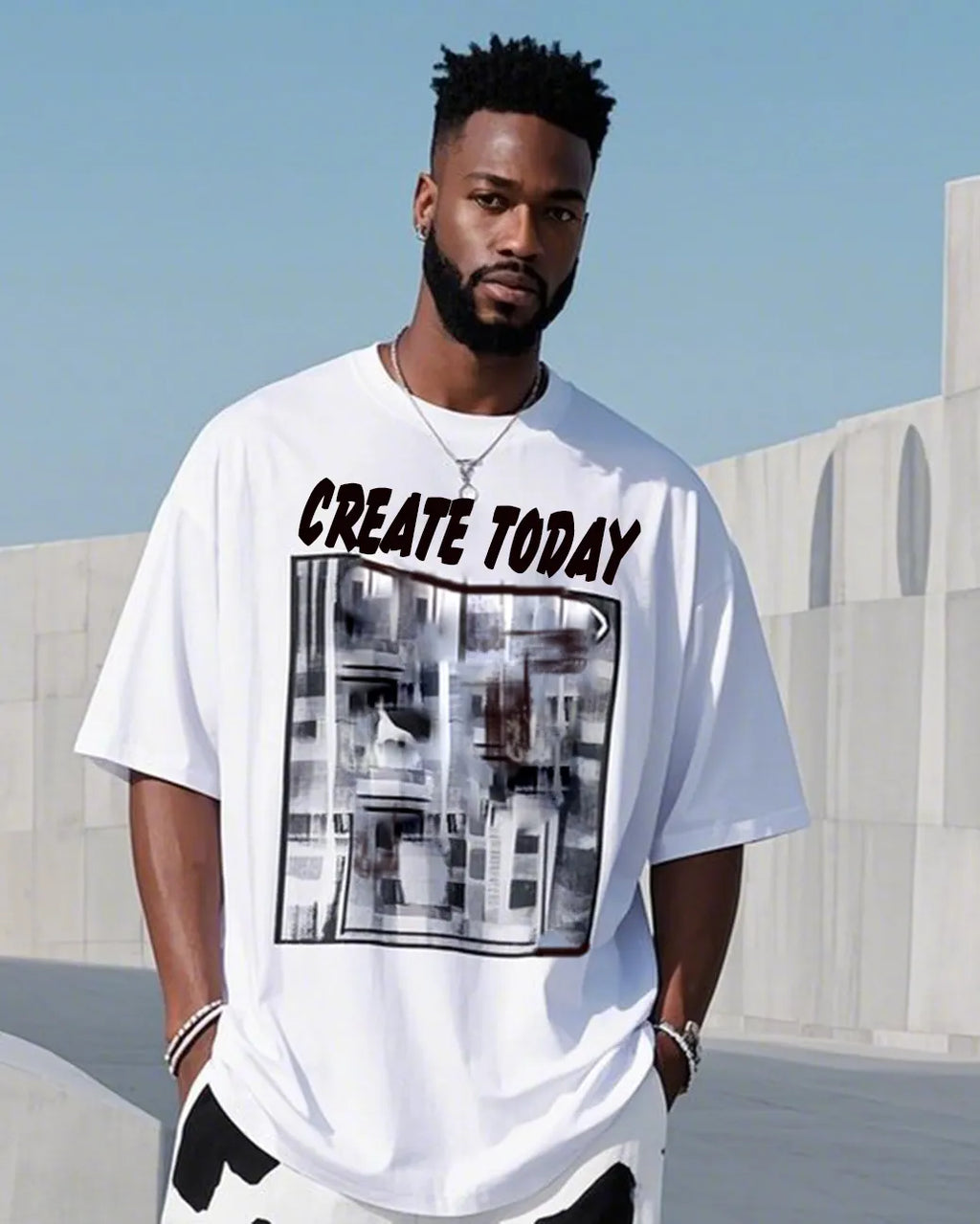Big & Tall Black White Graphic T-Shirt Pants Set for big men view 2
