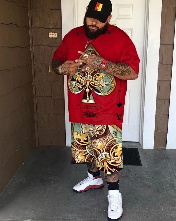 Big & Tall Red Athletic Streetwear T-Shirt Shorts Set for big men view 1