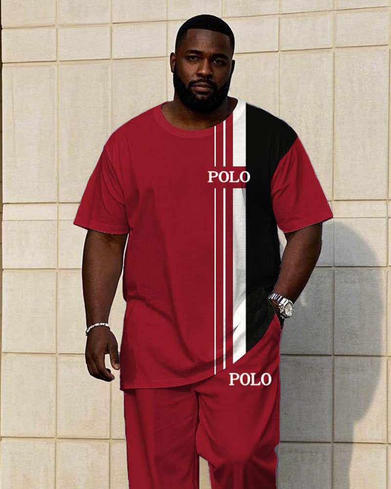 Big & Tall Black Red Colorblock T-Shirt Pants Set for big men view 2