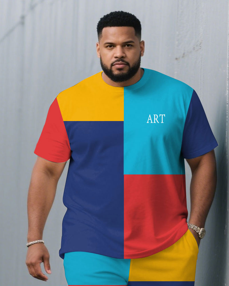Big & Tall Blue Red Colorblock T-Shirt Shorts Set for big men view 2