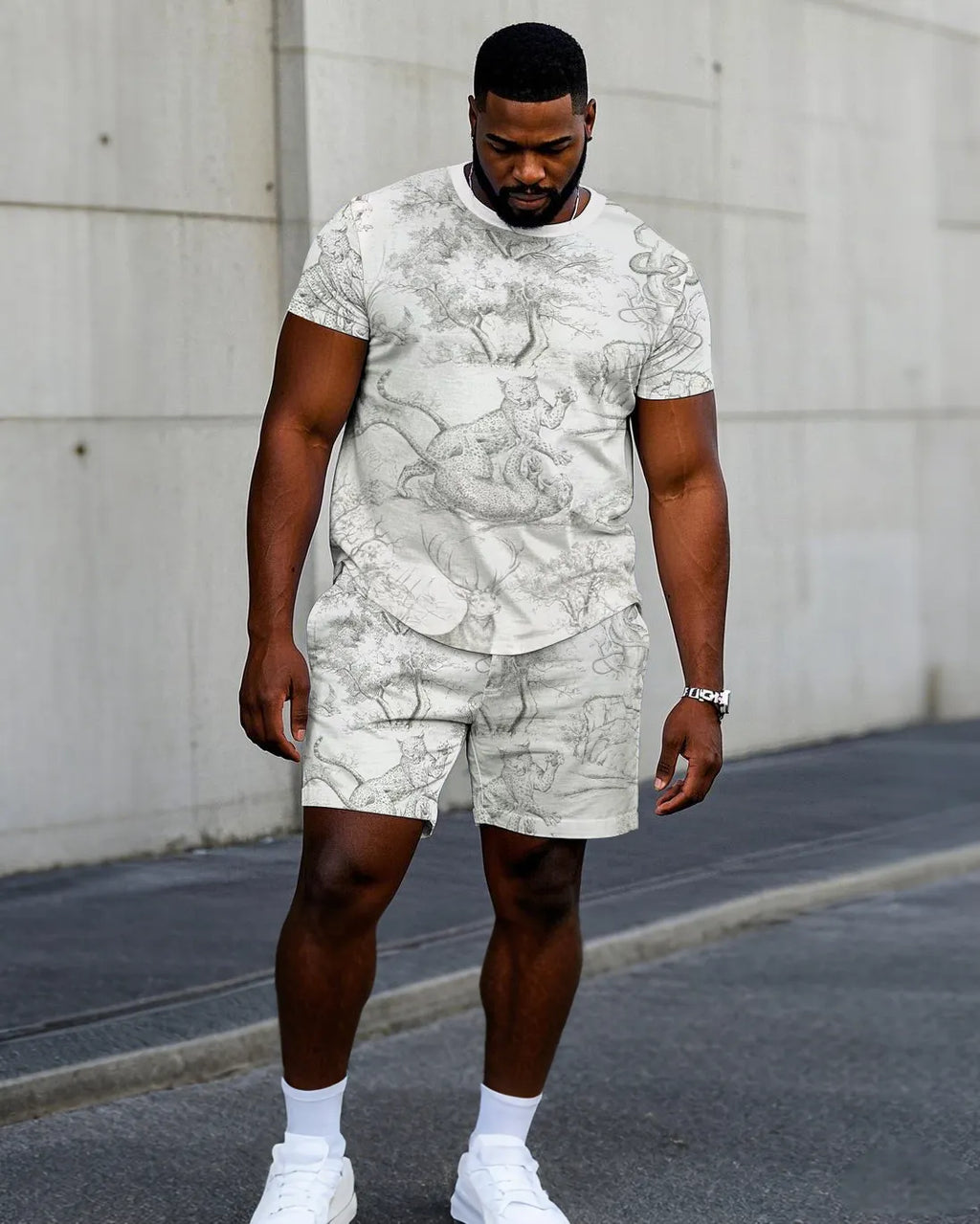 Big & Tall White Streetwear T-Shirt Shorts Set for big men view 1