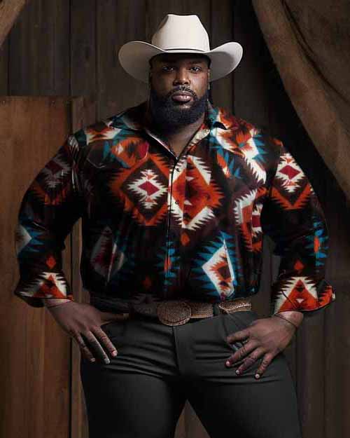 Big & Tall Brown Orange Western T-Shirt Pants Set for big men view 2