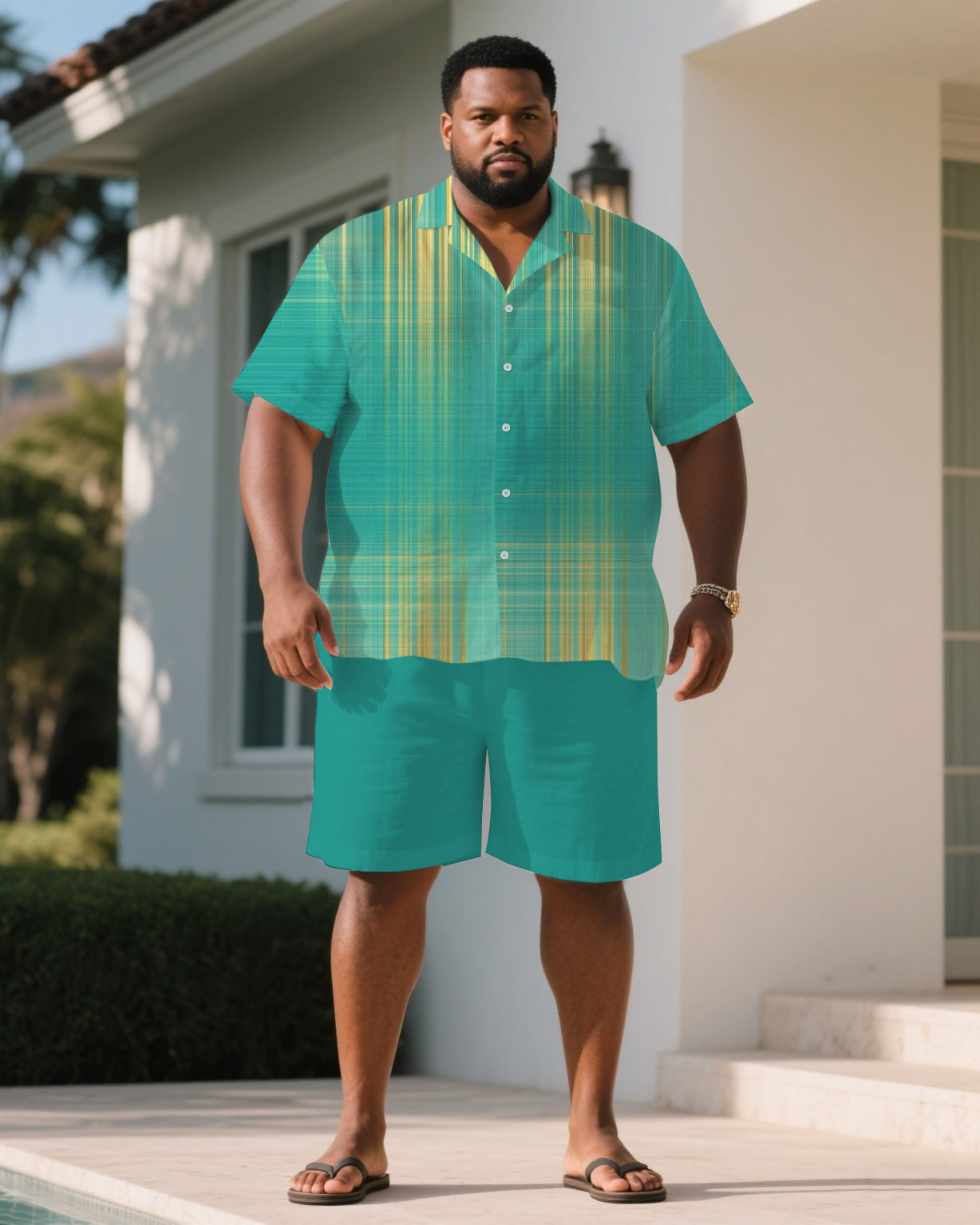 Big & Tall Green Yellow Graphic T-Shirt Shorts Set for big men view 1