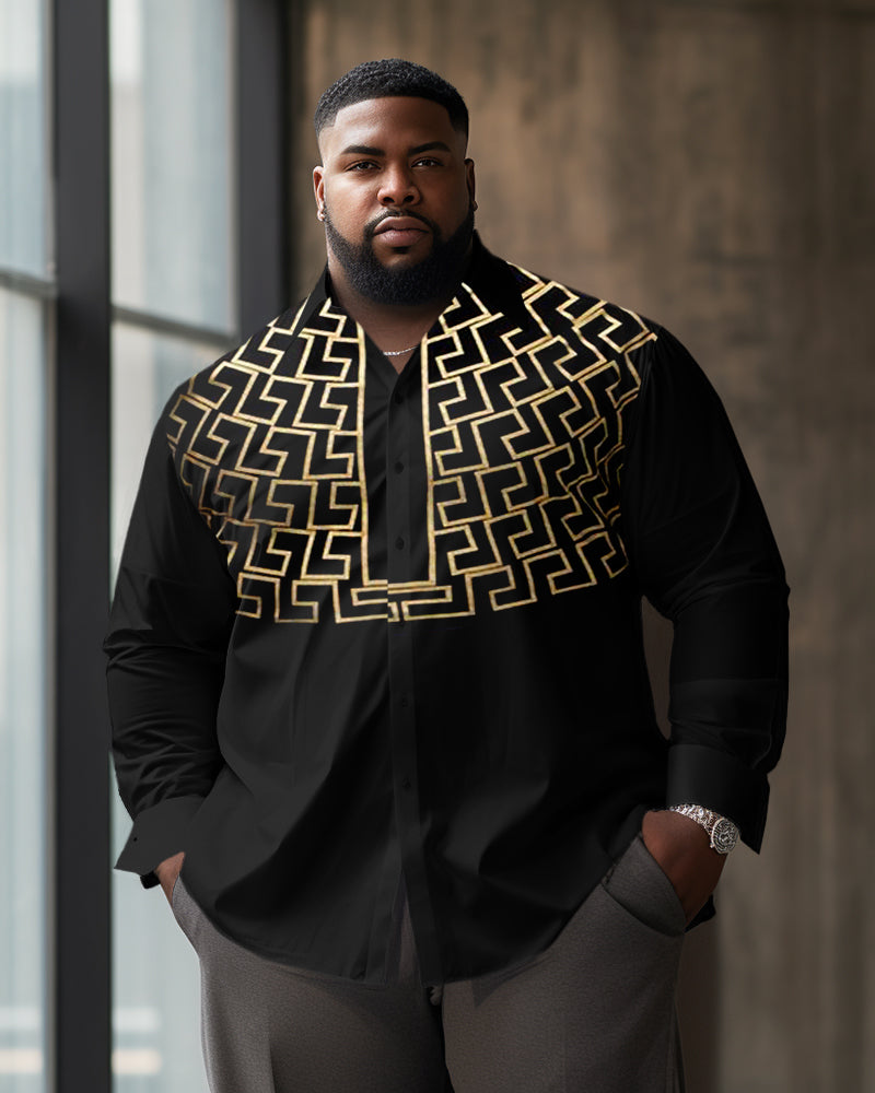 Big & Tall Brown Geometric Long Sleeve Shirt for big men