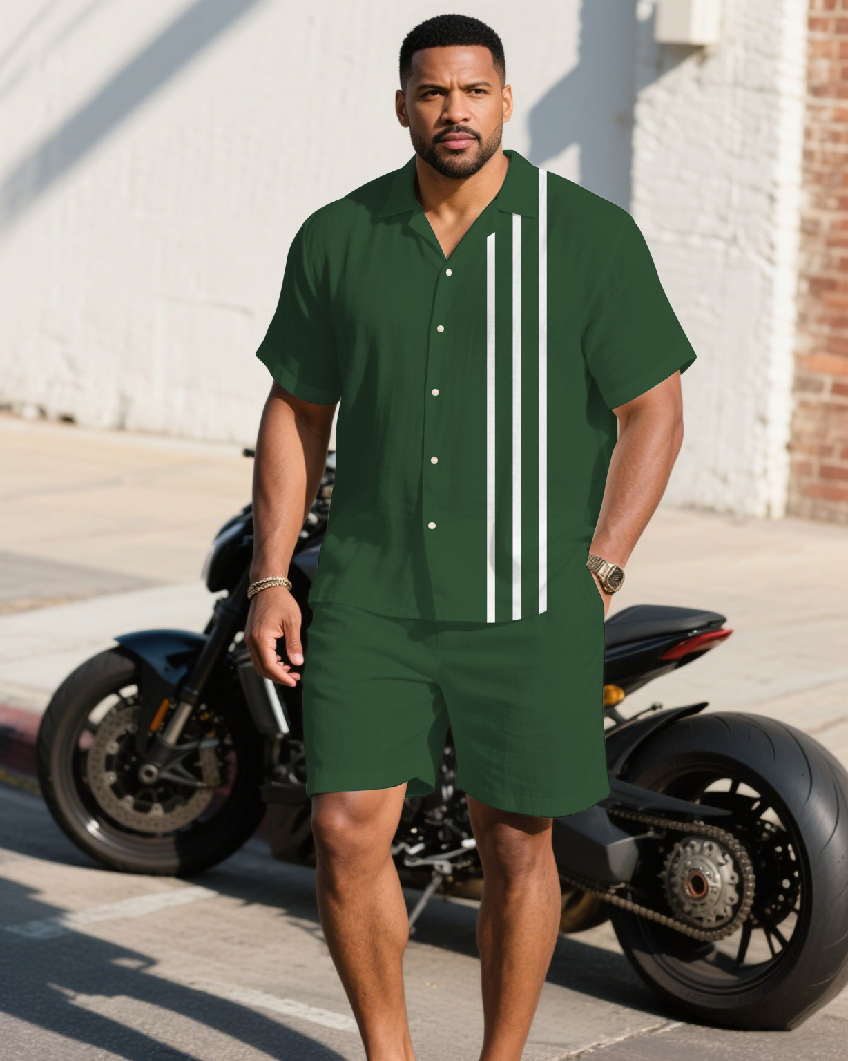 Big & Tall White Green Colorblock T-Shirt Shorts Set for big men view 1