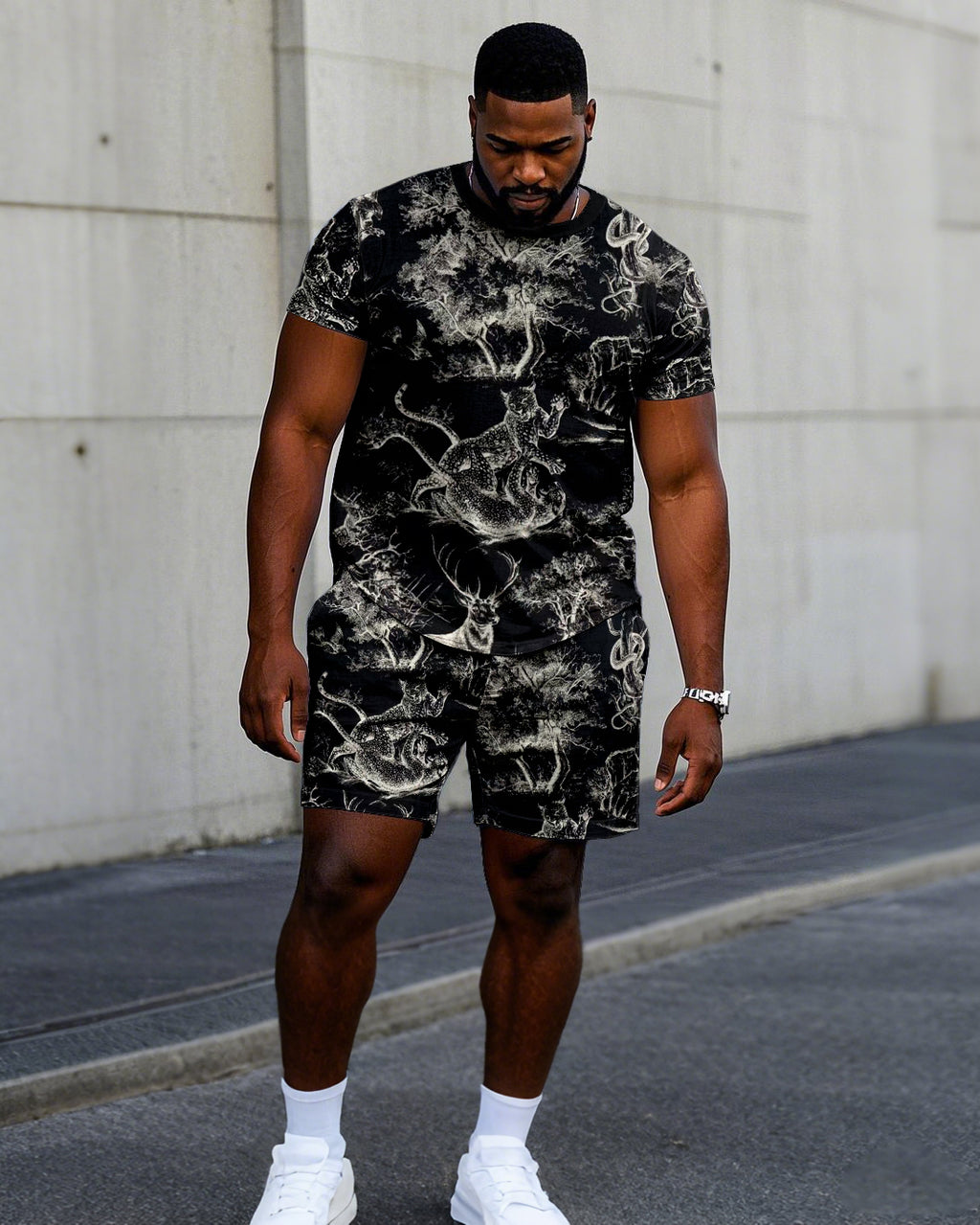 Big & Tall Black Streetwear T-Shirt Shorts Set for big men view 1