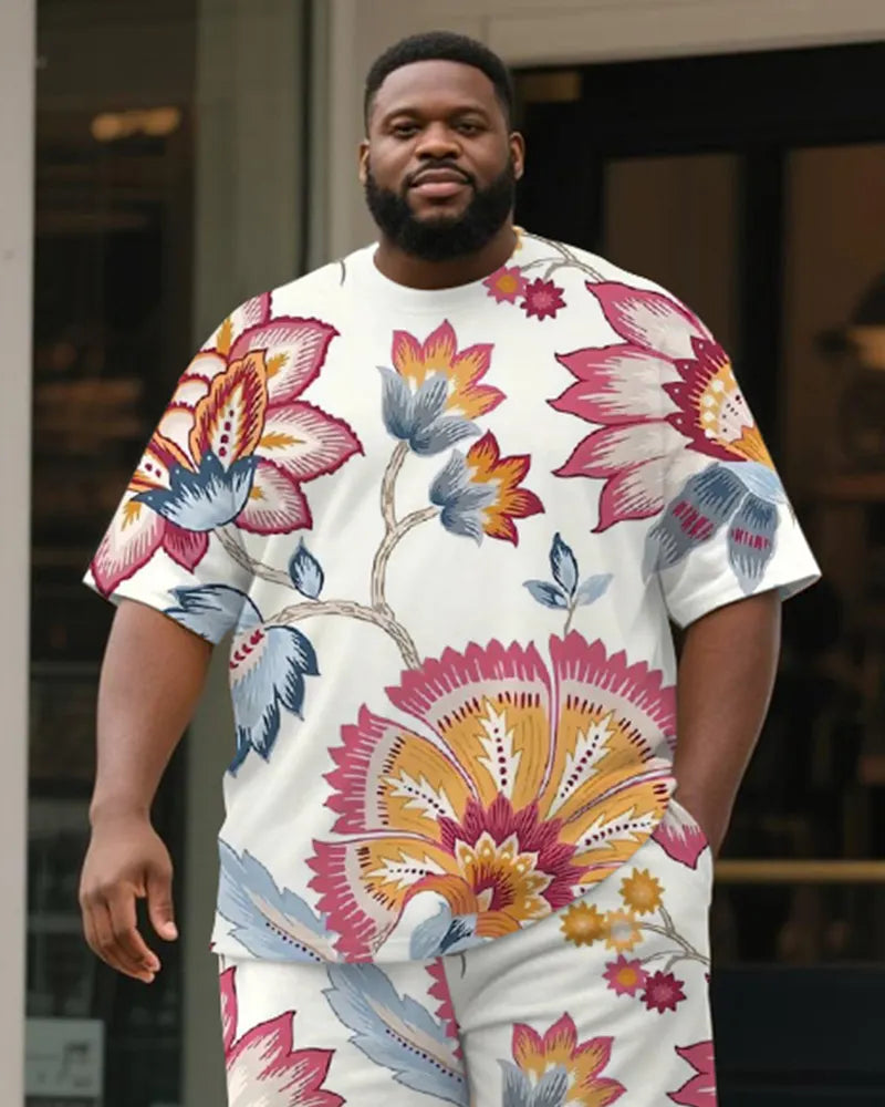 Big & Tall White Graphic Floral T-Shirt Shorts Set for big men view 2