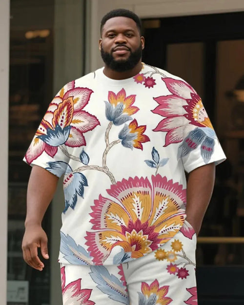 Big & Tall White Graphic Floral T-Shirt Shorts Set for big men view 2