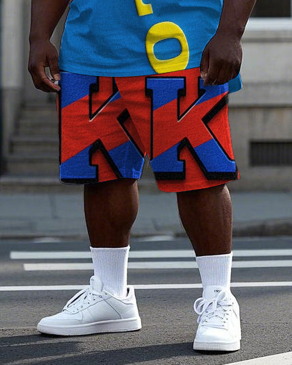 Big & Tall Blue Red Colorblock T-Shirt Shorts Set for big men view 3