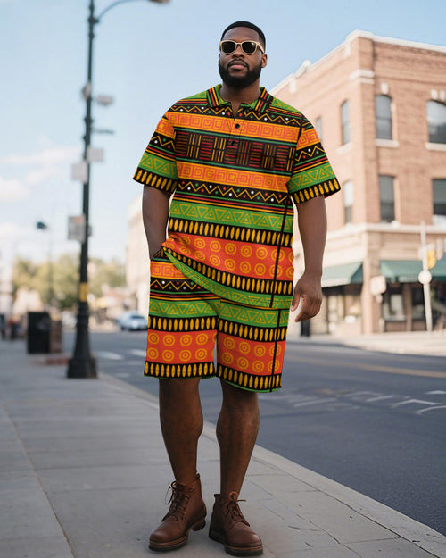 Big & Tall Green Orange Colorblock Polo Shorts Set for big men view 1