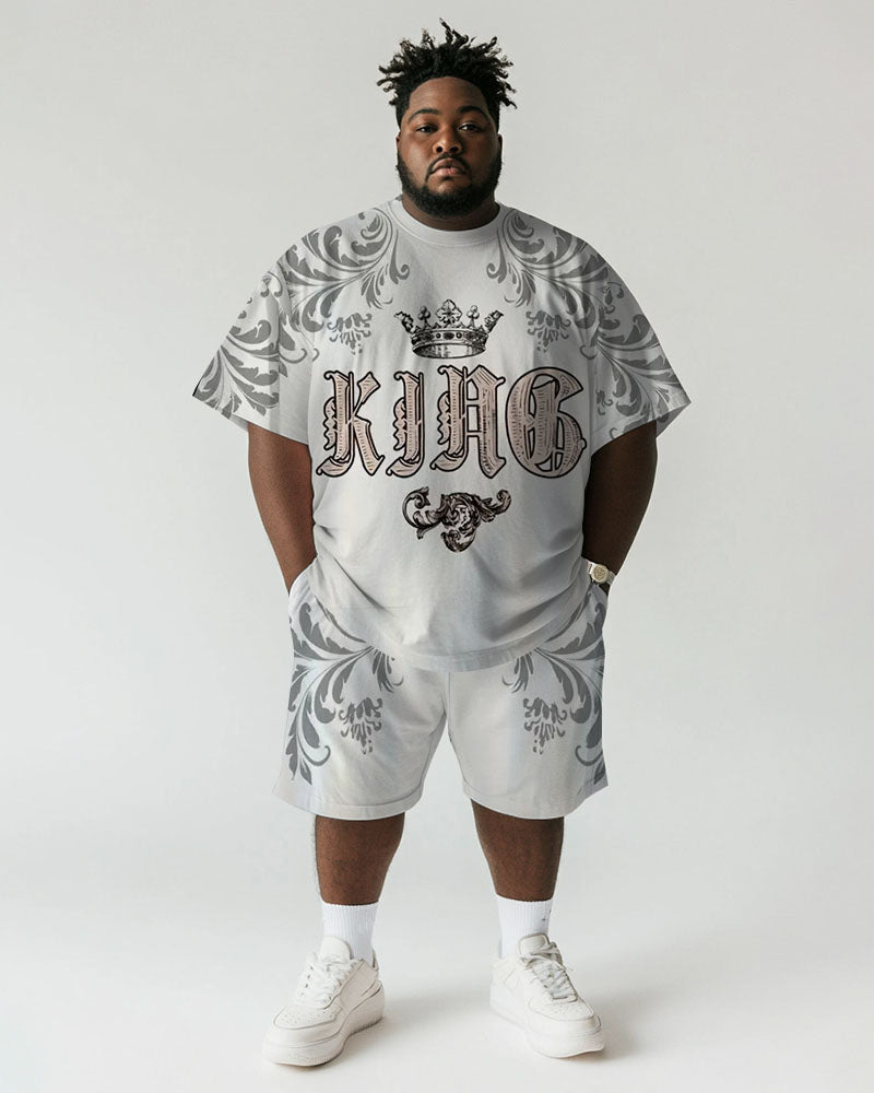 Big & Tall White Graphic T-Shirt Shorts Set for big men view 1
