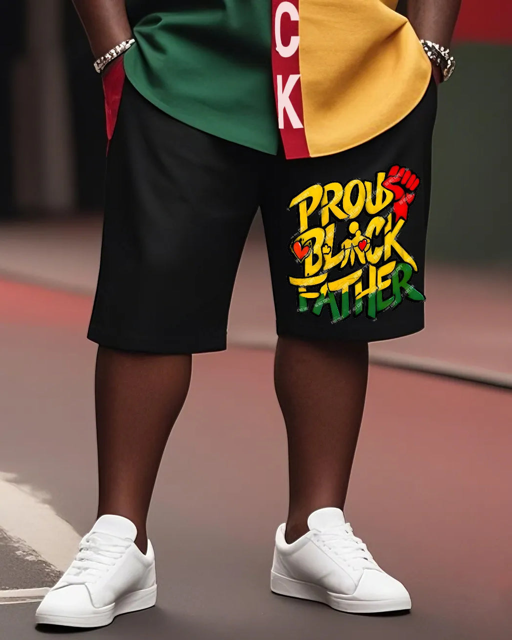 Big & Tall Black Green Splash Ink T-Shirt Shorts Set for big men view 3