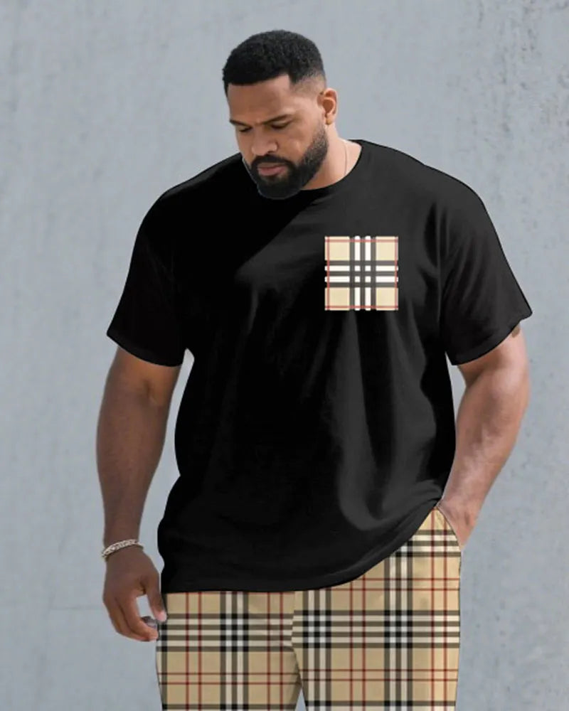 Big & Tall Black Khaki Plaid T-Shirt Pants Set for big men view 2