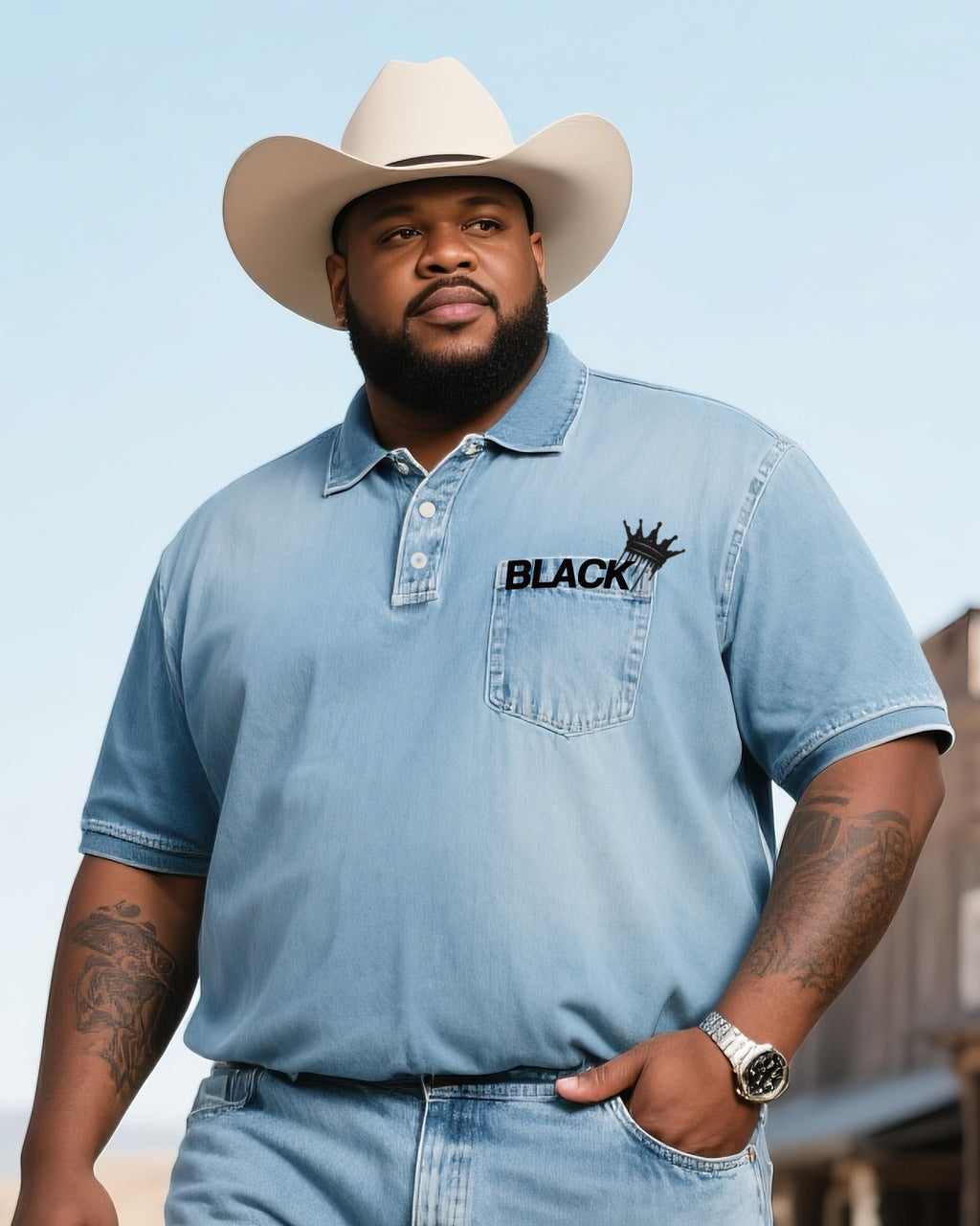 Big & Tall Denim Streetwear Polo Shorts Set for big men view 2