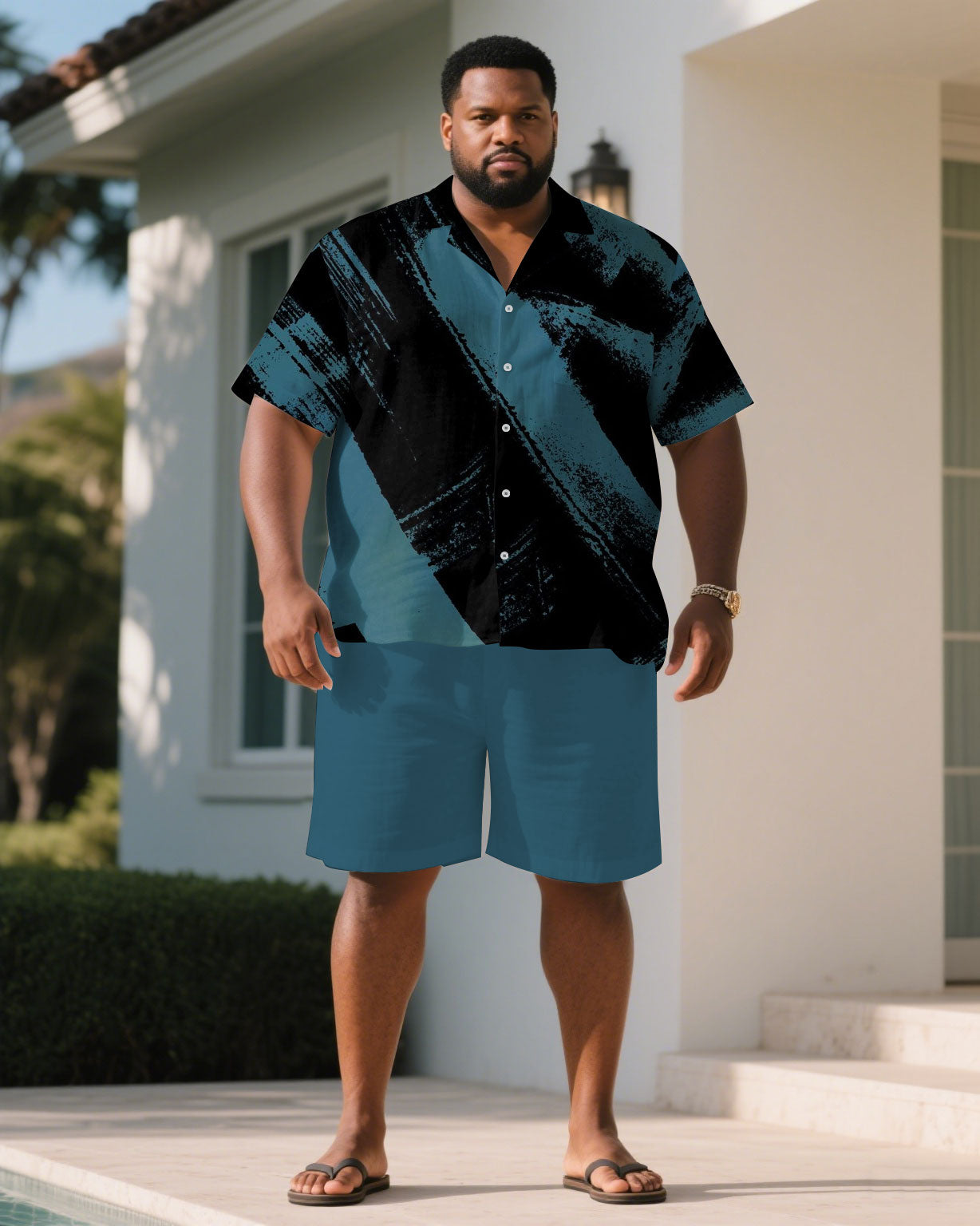 Big & Tall Black Blue Splash Ink T-Shirt Shorts Set for big men view 1