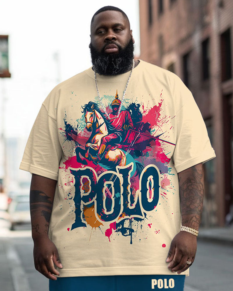 Big & Tall Khaki Graphic Streetwear T-Shirt Pants Set for big men view 2
