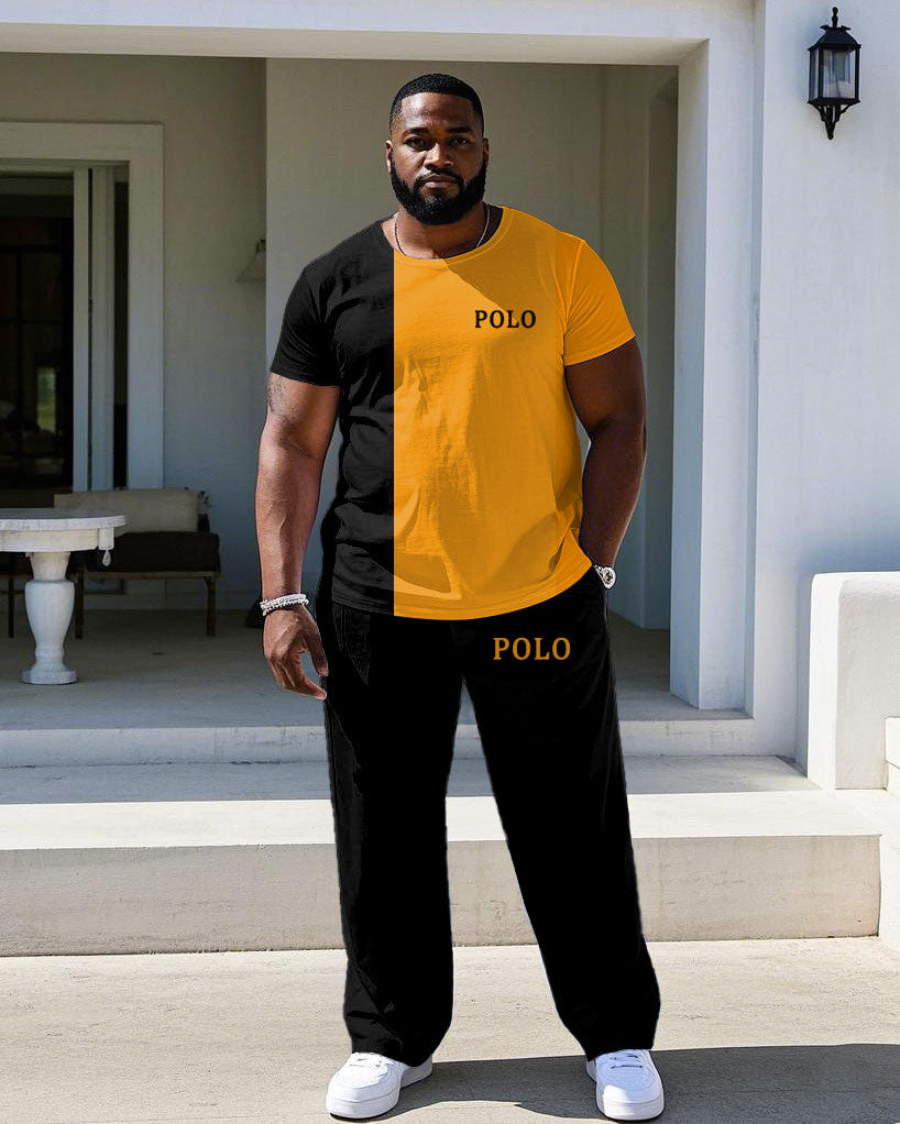 Big & Tall Black Orange Colorblock T-Shirt Pants Set for big men view 1