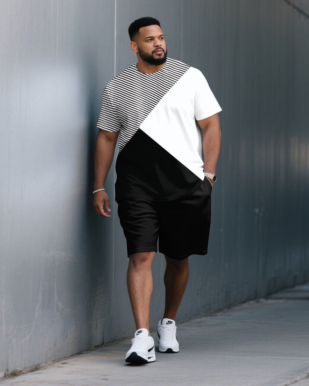 Big & Tall Black White Striped T-Shirt Shorts Set for big men view 1