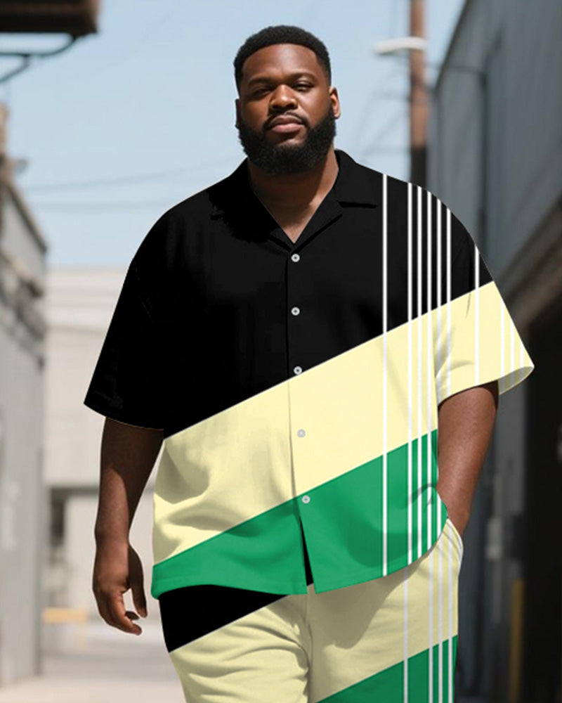 Big & Tall Black Green Geometric T-Shirt Shorts Set for big men view 2
