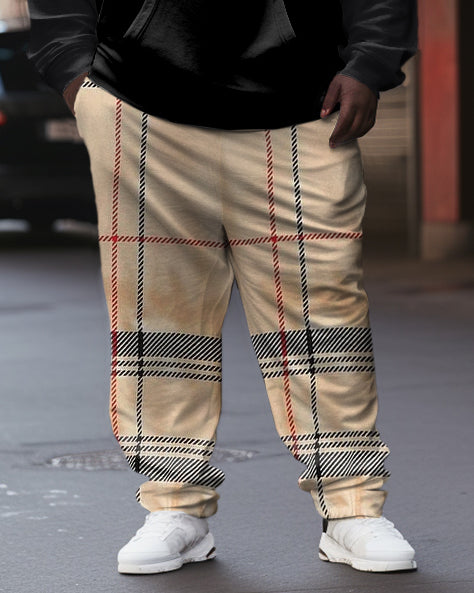 Big & Tall Brown Plaid Striped Hoodie Sweatpants Set for big men view 3