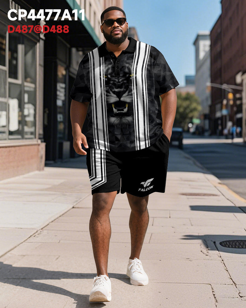 Big & Tall Black Striped Graphic Polo Shorts Set for big men view 2