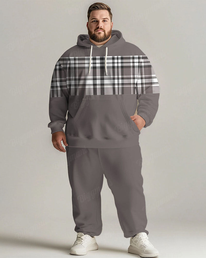 Big & Tall Gray Plaid Graphic Hoodie Sweatpants Set for big men view 1