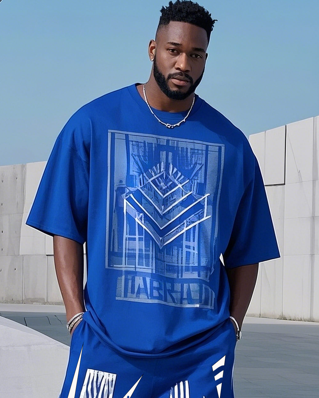 Big & Tall Blue Geometric Graphic T-Shirt Pants Set for big men view 2