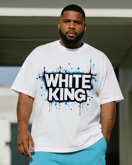 Big & Tall White Graphic Graffiti T-Shirt Shorts Set for big men view 2
