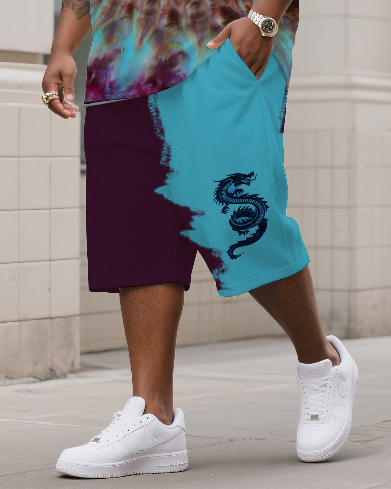 Big & Tall Colorblock Gradient T-Shirt Shorts Set for big men view 3