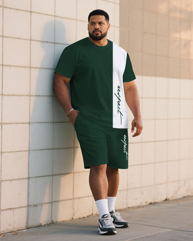 Big & Tall White Green Colorblock T-Shirt Shorts Set for big men view 1