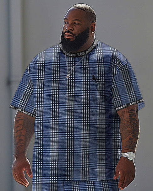 Big & Tall Plaid Graphic Patchwork T-Shirt Pants Set for big men view 2